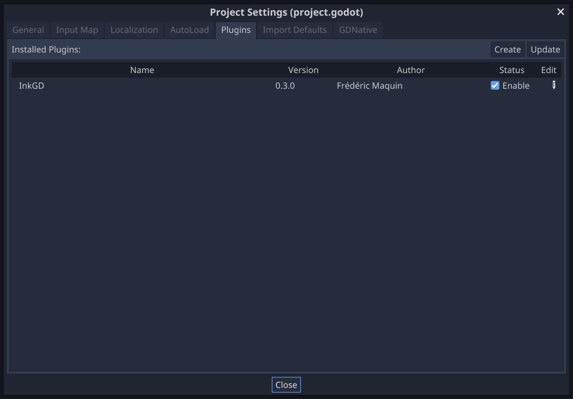 inkgd's entry in the "Plugins" tab of the project settings.