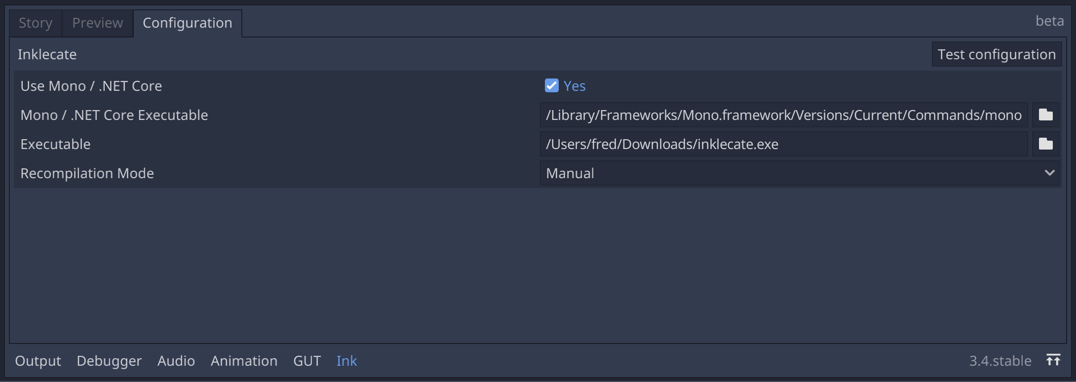 Configuration tab with "Use Mono / .NET Core" enabled.