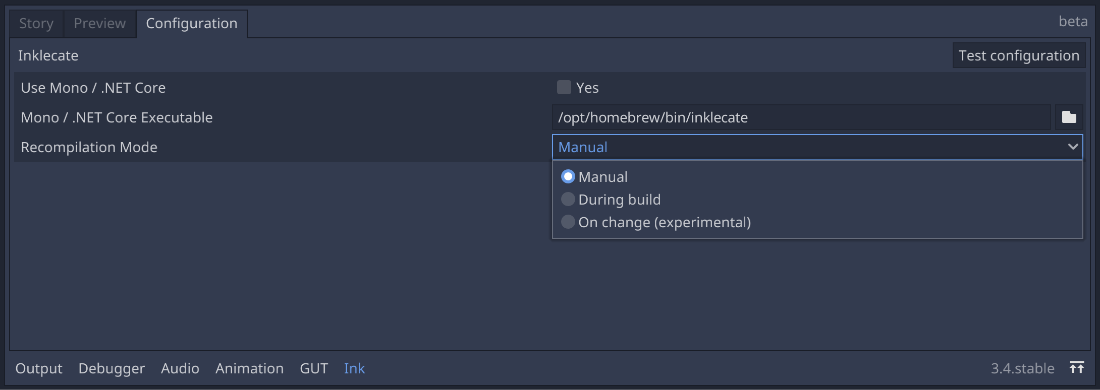 Configuration tab showing all the recompilation options.
