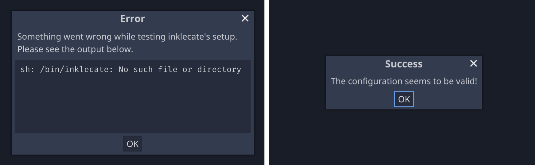 Error and success dialogs after testing inklecate's configuration.