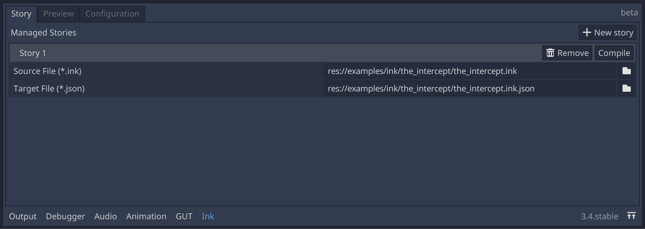 Story tab, with one story registered.