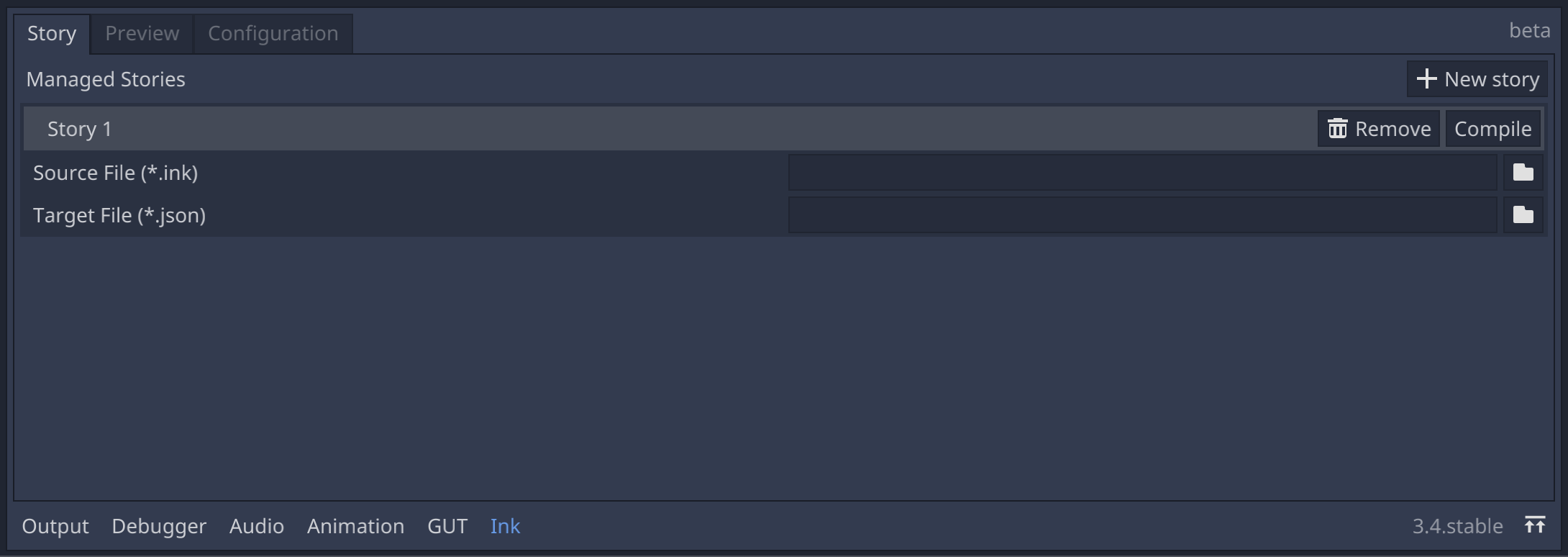 Story tab, with one story entry added.