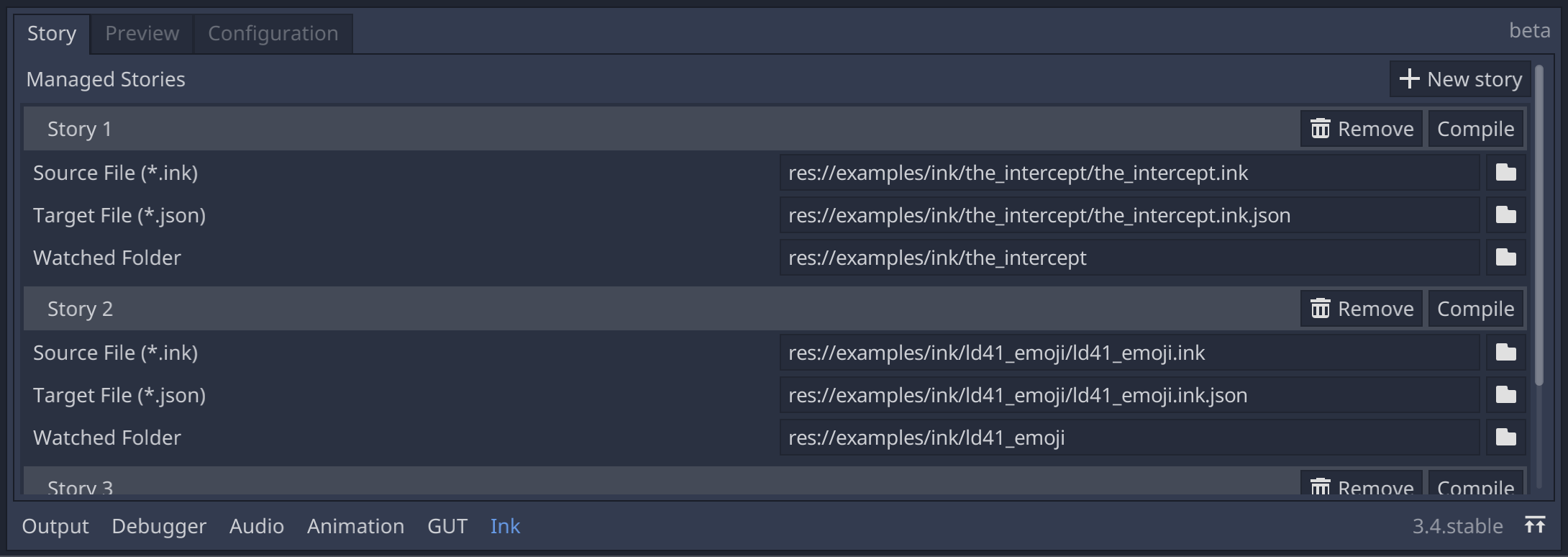 Story tab, with the story entries showing a "Watched Folder" configuration field.
